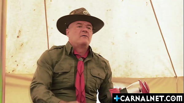 Scoutmaster Dillon Stone and his scouts Mike Edge and Noah White inside the tent having a steamy outdoor gay fuck sesh