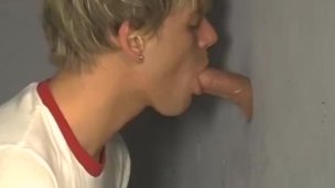 Young gay swallows cum after glory hole foursome blowbang