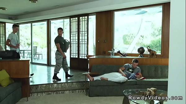 Threesome gay military anal action in bedroom